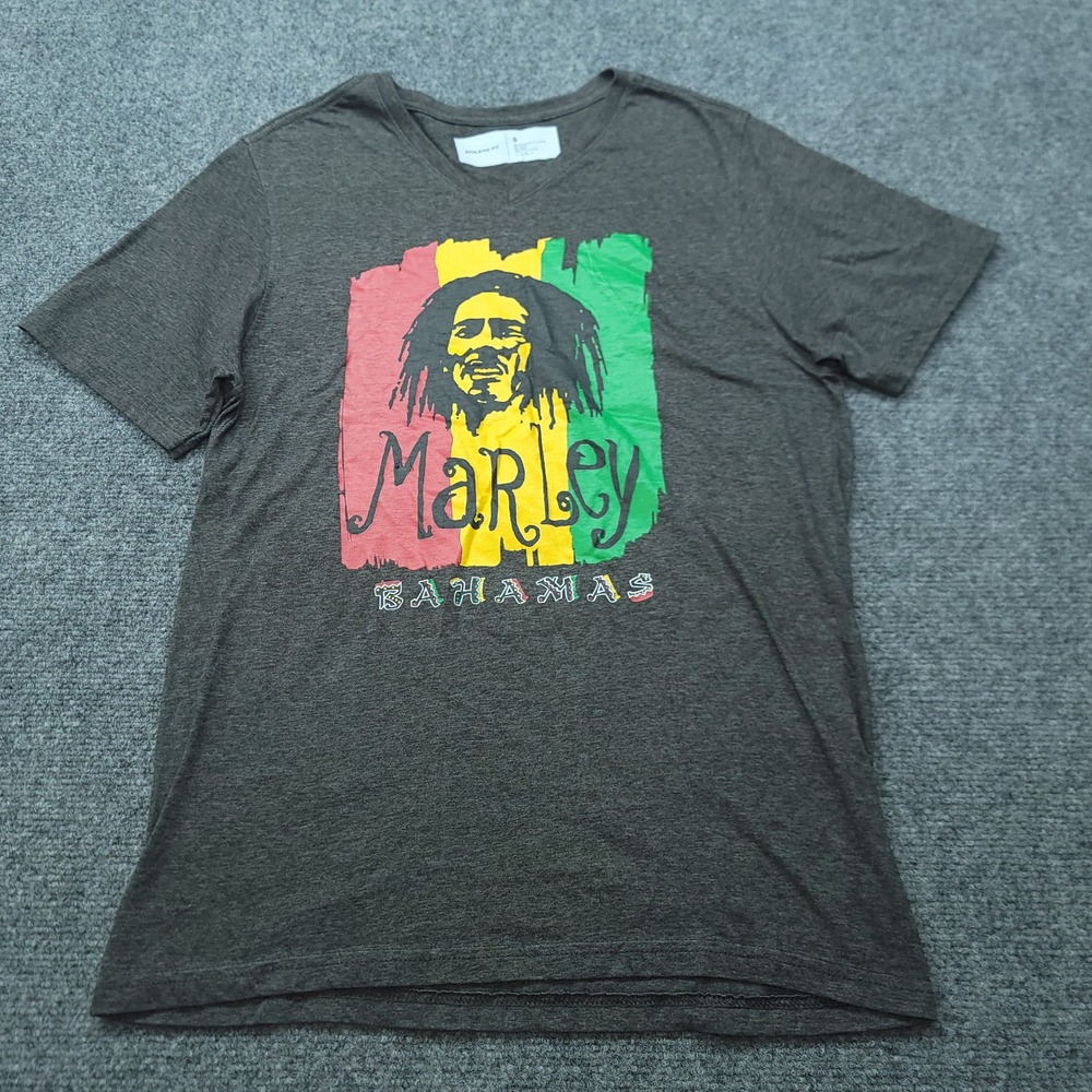 Bob Marley Bahamas V-Neck Graphic T-Shirt Charcoal Gray Athletic Fit Small
